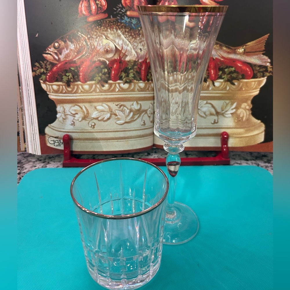 Gold Rimmed Crystal Glasses & Flutes Set of 4